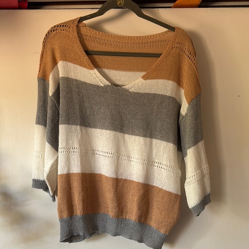 Striped V-Neck Sweater - Gray, White, and Tan